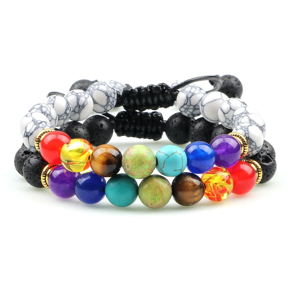 2pcs/set 7 Chakra Black Lava Beads Bracelets Natural Stone Yoga Adjustable Braided Bangle