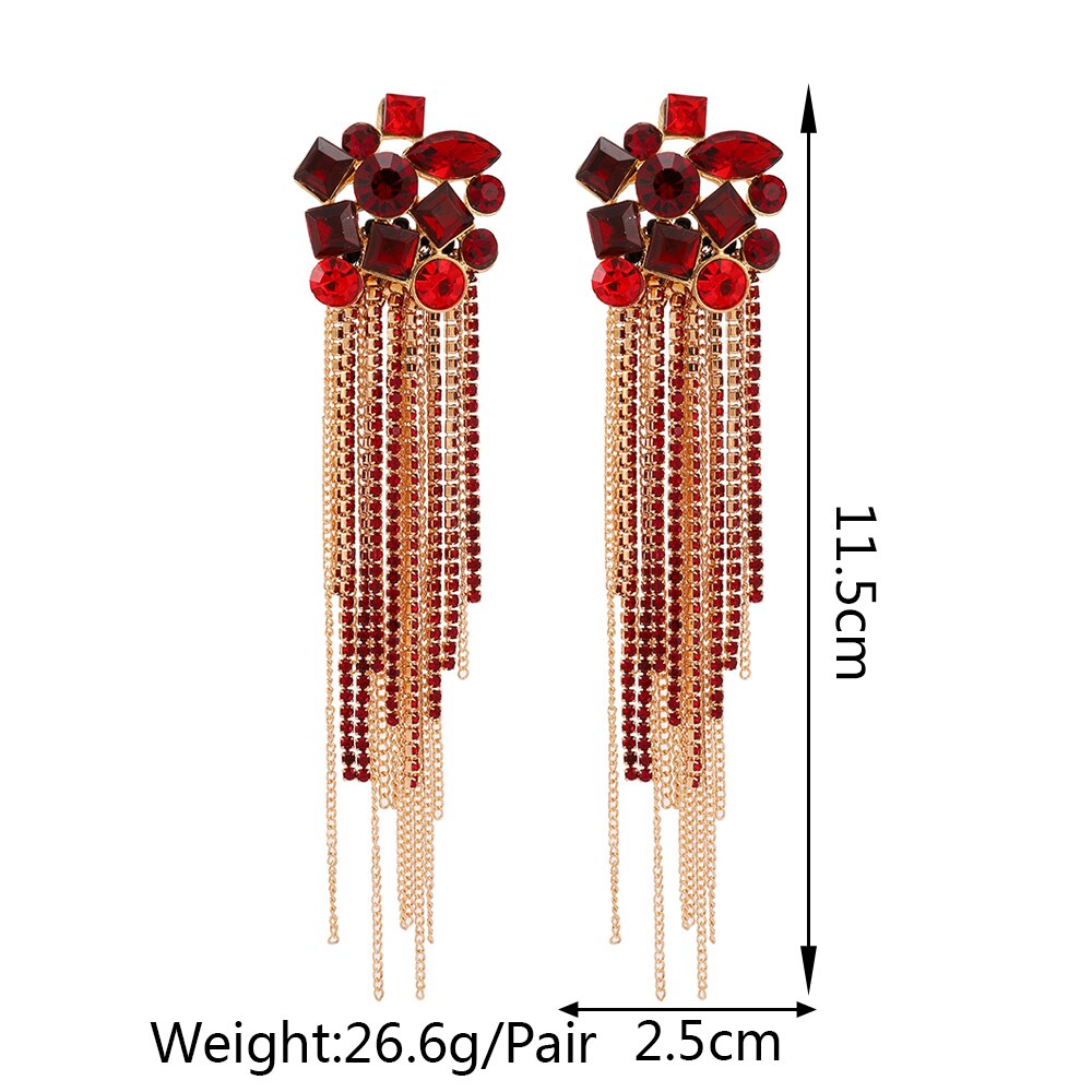 Fashion Metal Chain Inlay Colorful Rhinestone Tassel Dangle Earrings For Women