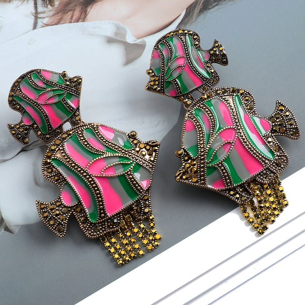 Vintage Enamel Double Fish Tassel Dangle Earrings For Women