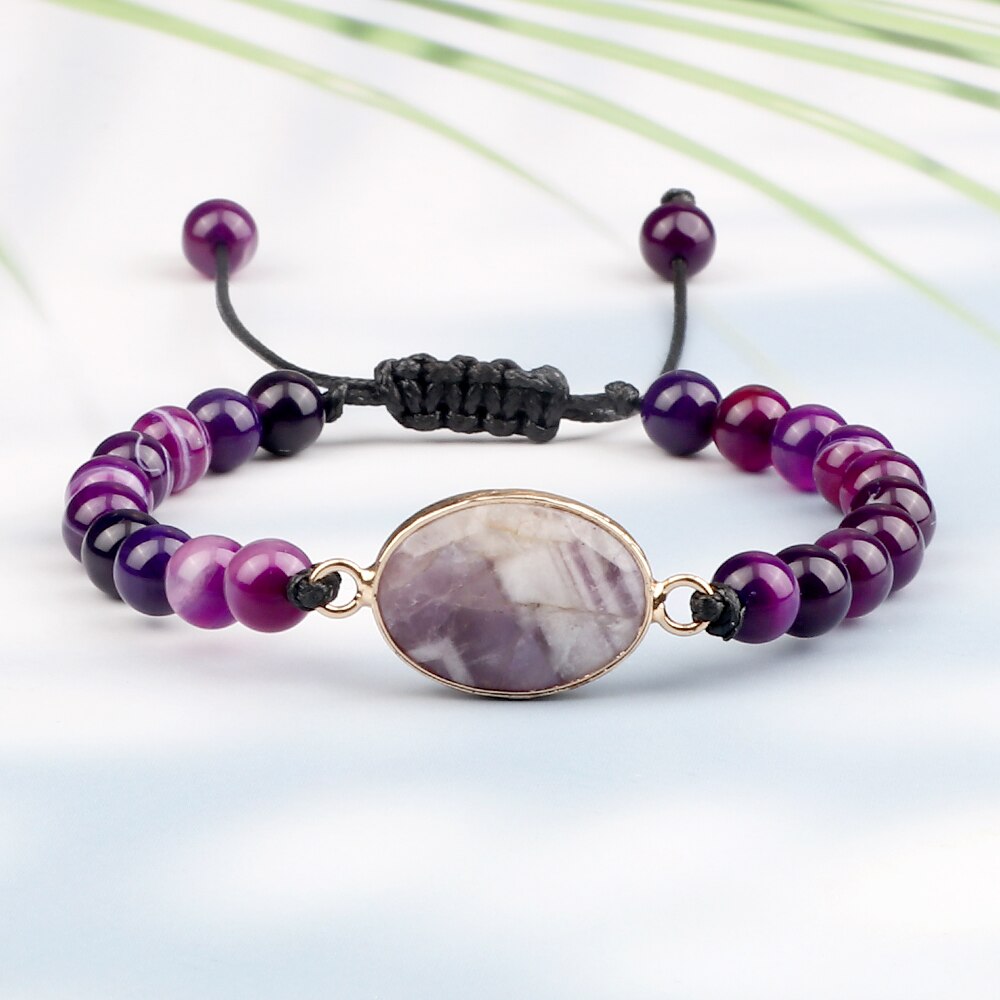 Natural Purple Stripe Onyx Stone Adjustable Beads Bracelets Braided String Bangle