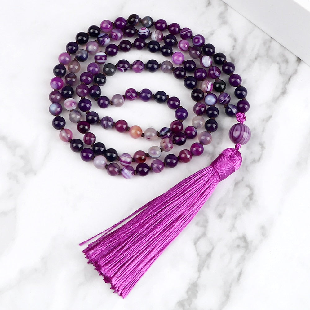 Women Mala Bohemian Tassel Necklace 108 Beads Natural Stone Purple Stripe Onyx Stone Beaded Necklace