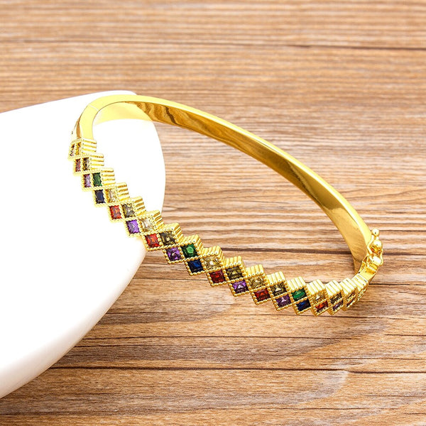 Luxury 14 Styles Geometric Rainbow Crystal Bangle Copper CZ Bracelets For Women