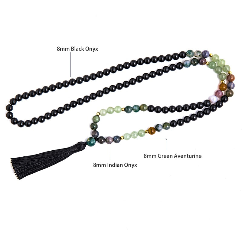 8mm Natural Green Aventurine Indian Agate Black Onyx Beaded Necklace