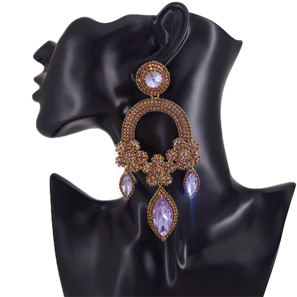 Exquisite rhinestones crystal flower luxury drop long earring