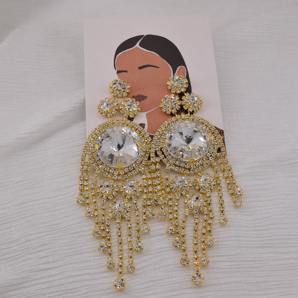 13.5cm Jewelry Statement Earrings Big Tassel Earrings Ladies Street Style Rhinestones Gifts