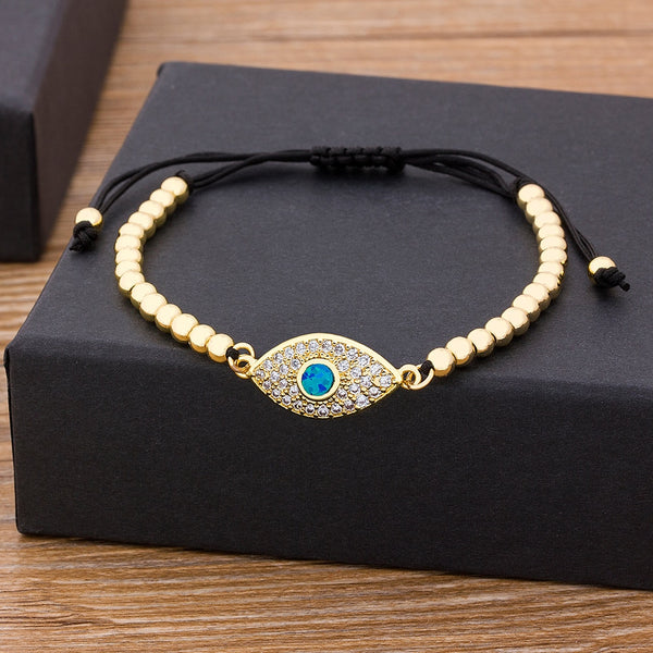 Hamsa Hand Evil Eye Copper CZ Beads Adjustable Bracelet