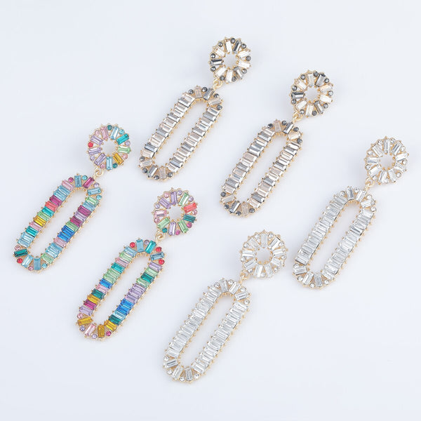 Fashion Geometric Oval Metal Rhinestone Earrings Women