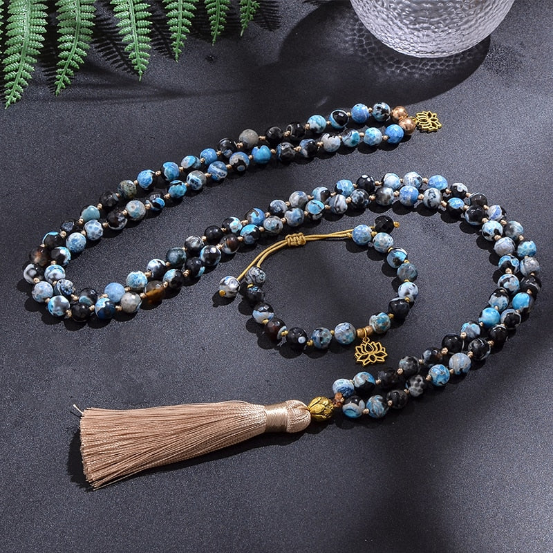 8mm Fire Agate Beaded Mala Necklace Meditation Yoga Blessing Spirit Jewelry Set