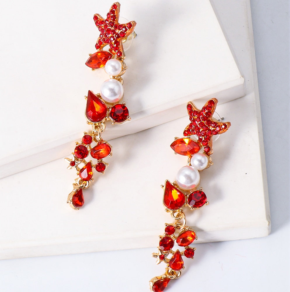 New Vintage Metal Long Imitation Pearls Crystal Earrings