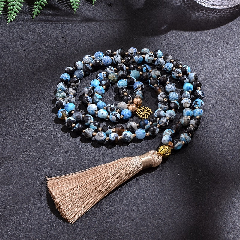 8mm Fire Agate Beaded Mala Necklace Meditation Yoga Blessing Spirit Jewelry Set