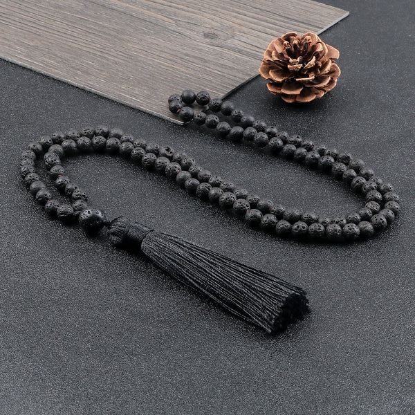 108 Mala Shiny Black Stone Beaded Necklace Men Volcanic Lava Stone Beads Necklace