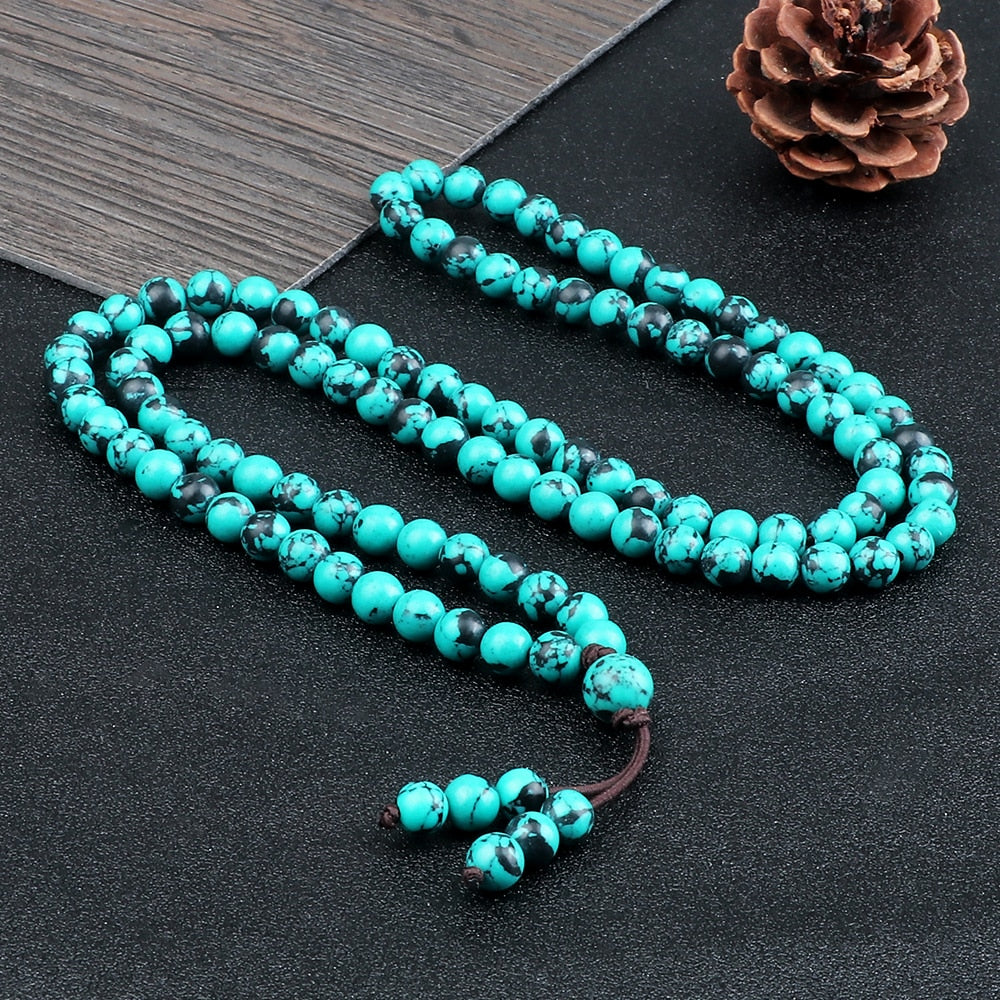 6mm Natural Stone Blue Pine Stone Beaded Necklaces Charm Women Men