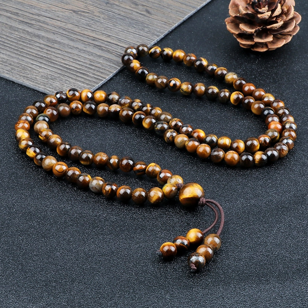 Men Beaded Necklace 6mm Natural Tiger Stone Onyx Stretch Necklace