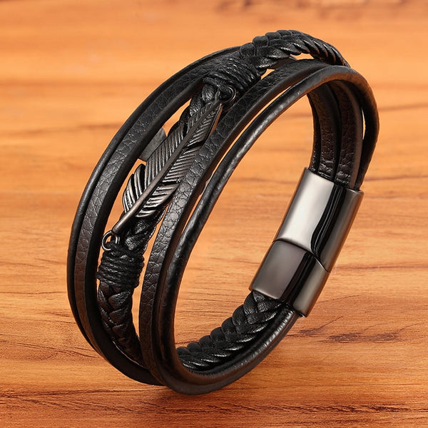 Multi-layer Leather Feather Shape Accessories Men Bracelet