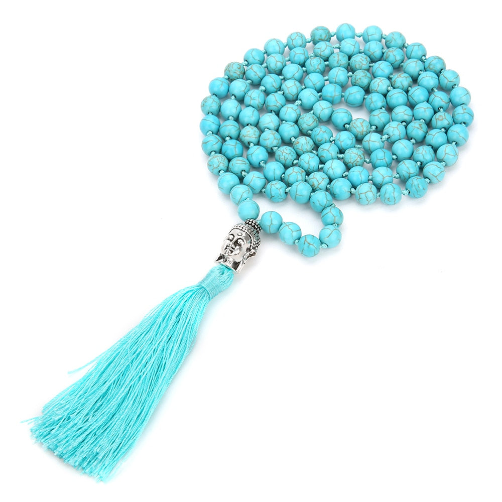 6/8mm Blue Turquoise Beads Knotted 108 Japa Mala Necklace