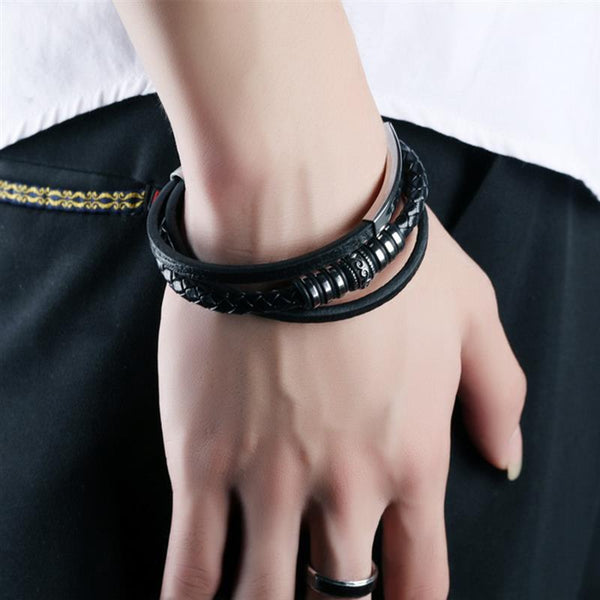 Fashion Men Leather Bracelet Multi-layer Leather Stainless Steel Metal Luxury Bangles