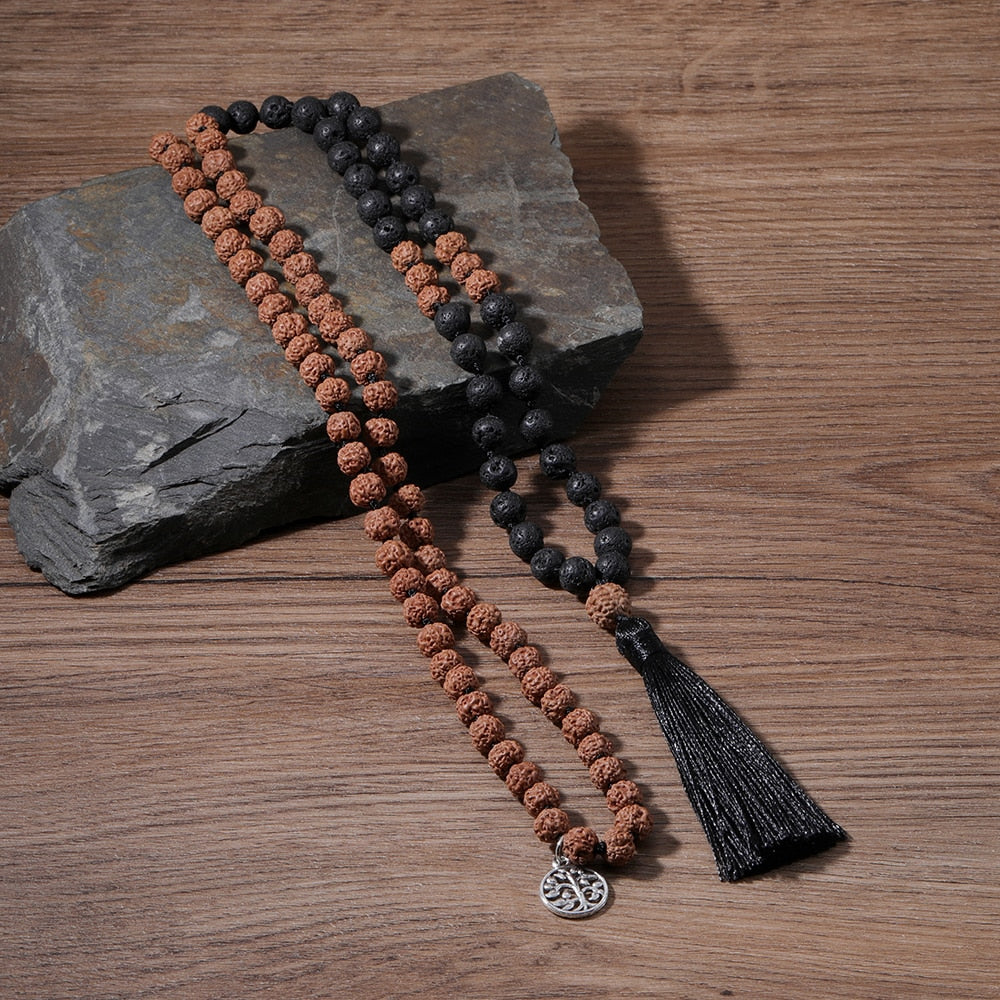 Rudraksha Black Lava Beaded Knotted 108 Mala Necklace