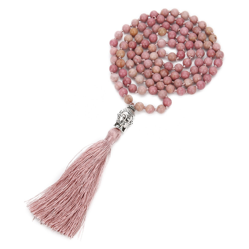 108 Mala Rhodolite Beaded Hand-Knotted Buddha Head Pendant