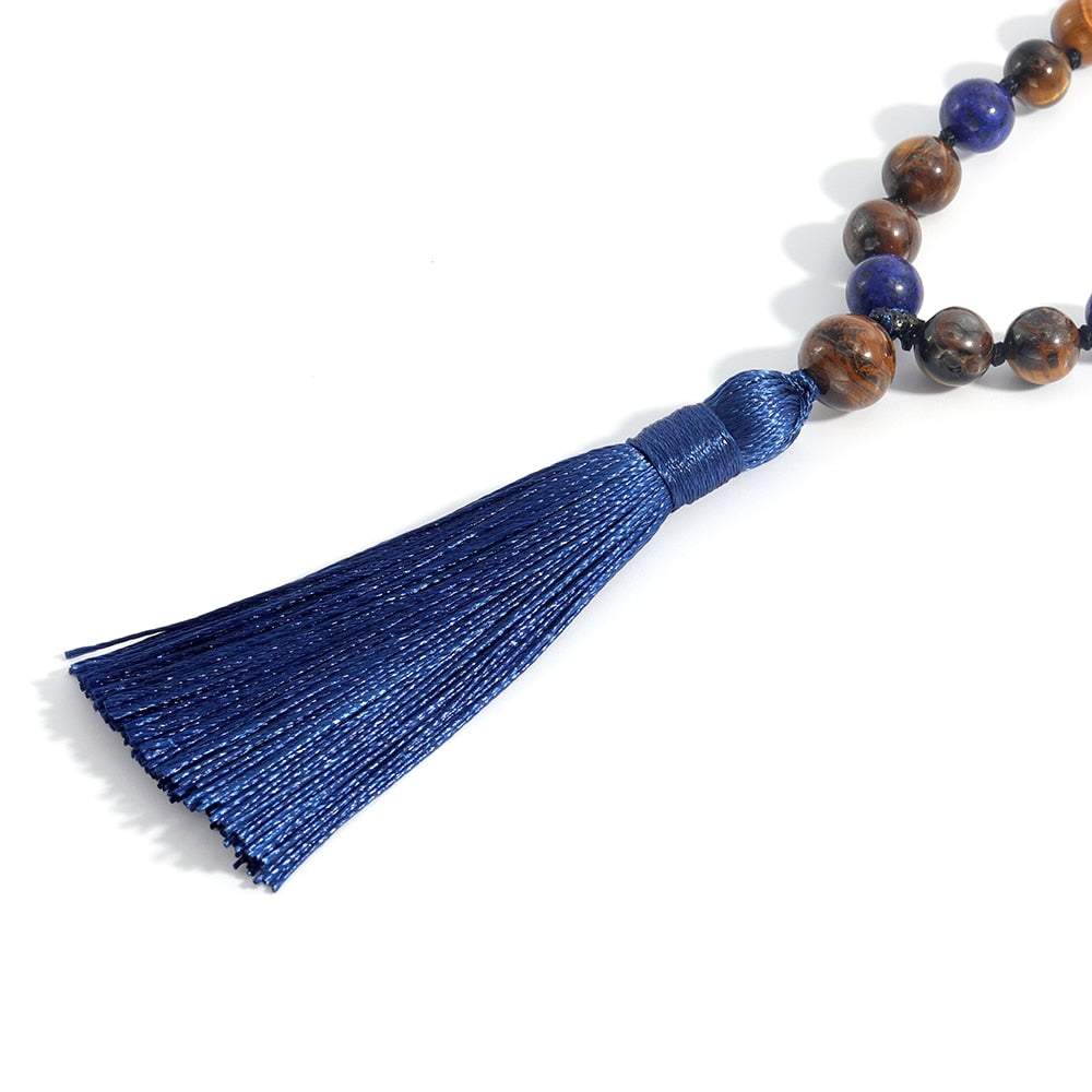 Lapis Lazuli Yellow Tiger Eye 108Mala Beaded Knotted Long Necklace