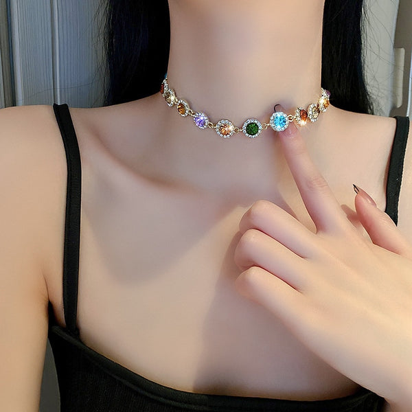 Geometric Colorful Crystal Choker Necklaces for Women Clavicle Chain Necklaces