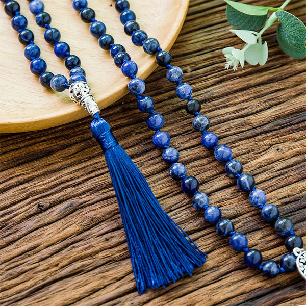 108 Mala Natural Sodalite Lapis Lazuli Handmade Beaded Knot Meditation Long Necklace