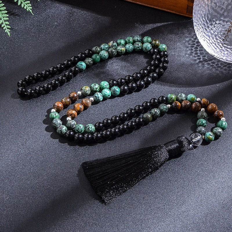 8mm African Turquoise Black Agate Yellow Tiger Eye Beads Japamala Necklace Bracelet Set