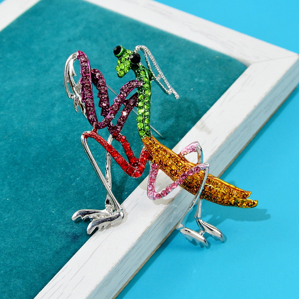 Rhinestone Colorful Praying Mantis Brooch