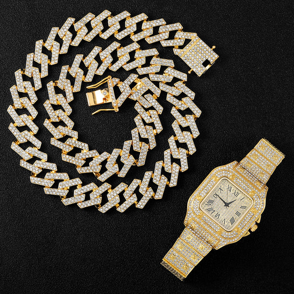 20MM Necklace +Watch+Bracelet Hip Hop Miami Curb Cuban Chain