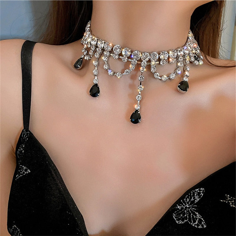 Vintage Black Water Drop Crystal Choker Necklaces for Women Long Tassel  Rhinestones Necklaces