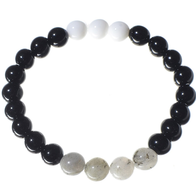 8mm Natural Labradorite Black Onyx Porcelain White Stone Mala Necklace