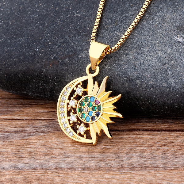 New Arrival Fashion Sun Totem Moon Pendant Copper Zircon Chain Necklace