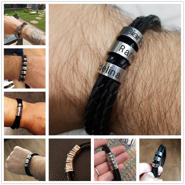 Bracelet for Men Engraving Family Name Stainless Steel Beads Multilayer Leather Bracelet