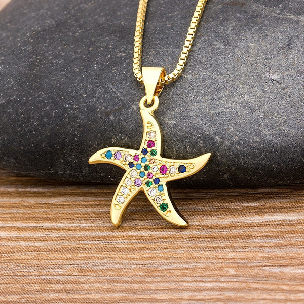 New Arrival Rainbow Pendant Bohemian CZ Pave Starfish Necklace Link Chain