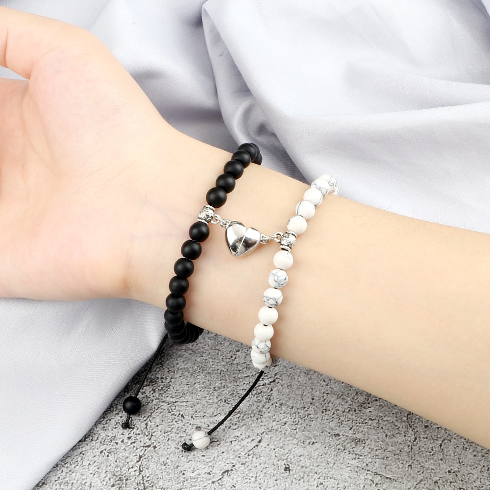 Fashion 2pcs/set Natural Stone Beads Bracelets Handmade Braid Adjustable Magnet Heart Lovers Bracelet