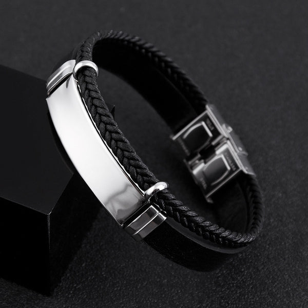 Fashion Stainless Steel Black Multilayer Men Bracelet Leather Woven Bracelet