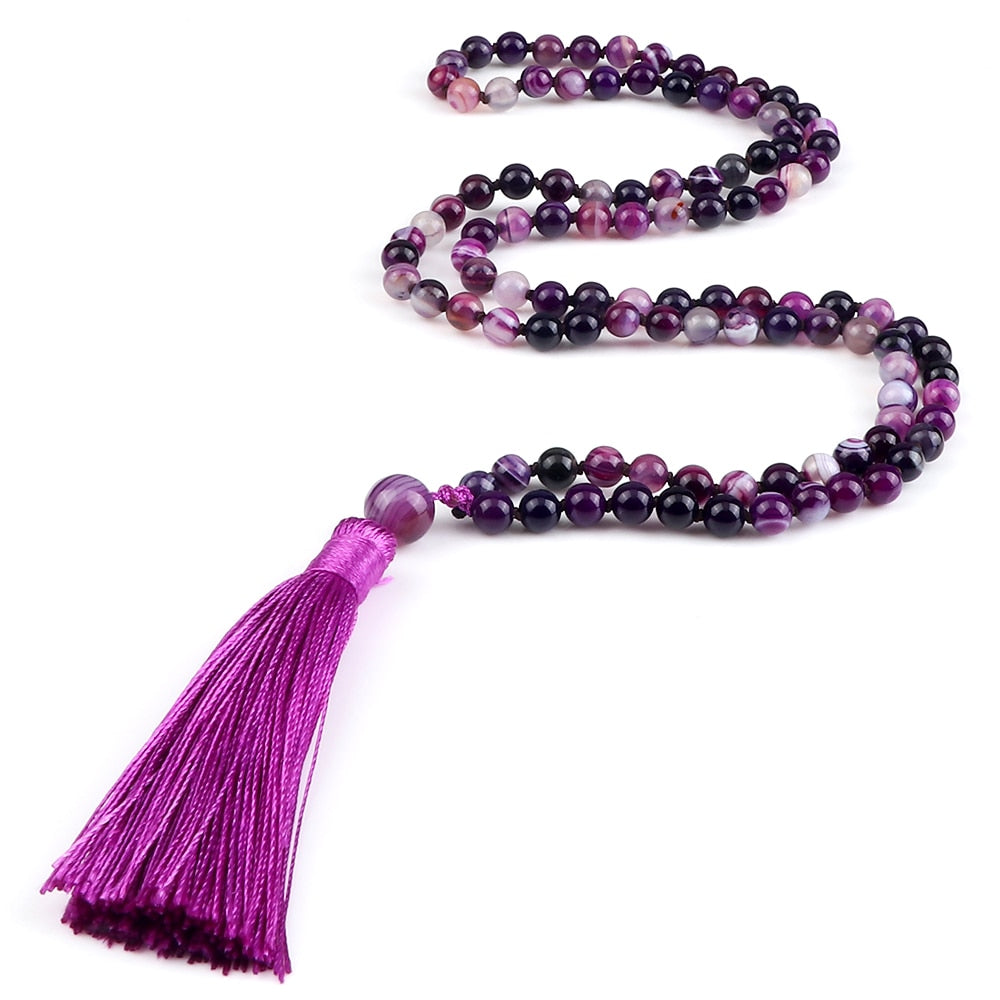 Women Mala Bohemian Tassel Necklace 108 Beads Natural Stone Purple Stripe Onyx Stone Beaded Necklace