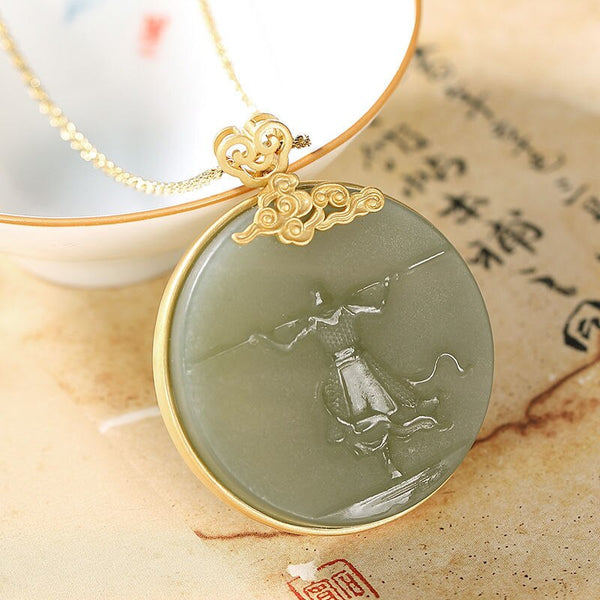 Silver Inlaid Natural Hetian Jade Pendant Necklace