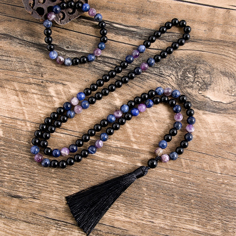 8mm Natural Black Onyx Amethyst Blue Sodalite Stone Beaded Necklace