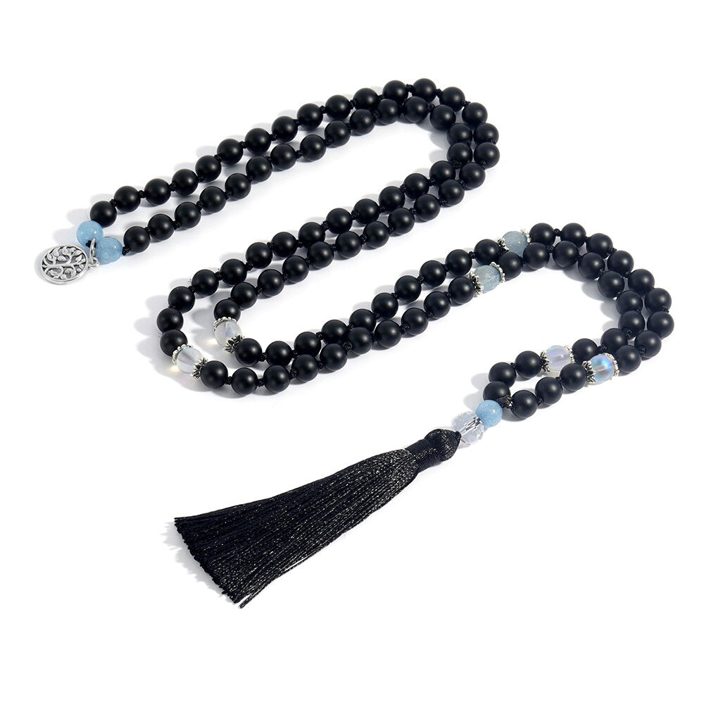 Matte Black Onyx Moonstone Knotted Beads 108 Mala Fashion Menand Women Necklace