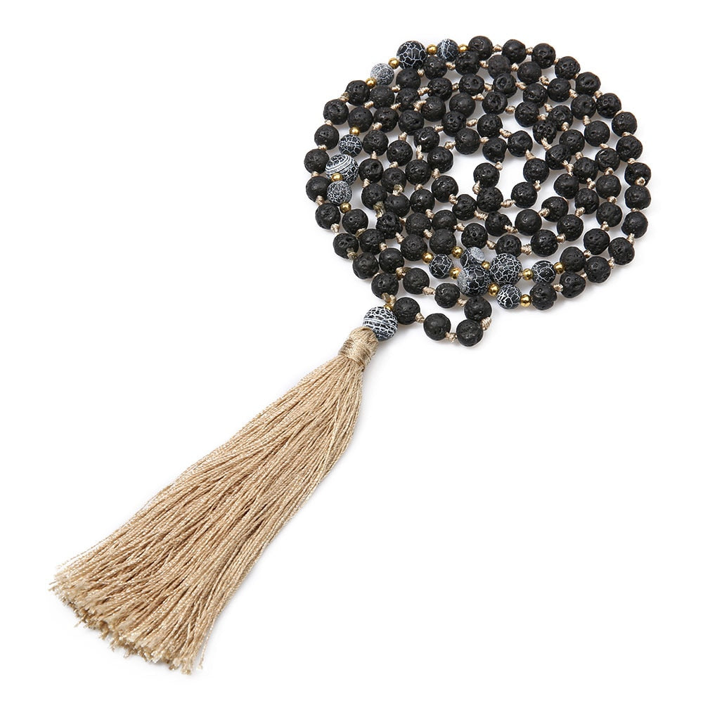 108 Mala Beads 6mm Volcanic Stone Knotted Meditation Semi-Precious Jewelry Men and Women