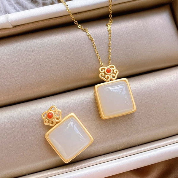 Creative Inlaid Natural Hetian Jade Square Pendant Necklace Ring