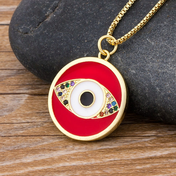 Lucky Round Evil Eye Pendant Necklace Gold Color Long Chain