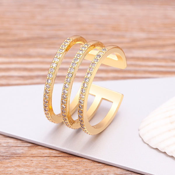 High Quality Luxury Three Layers Copper Zircon Open Rings For Woman