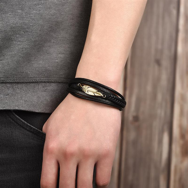 Genuine Leather Feather Bracelet For Men Stainless Steel Magnetic Clasp Fashion Punk Multi-Layer Bangles