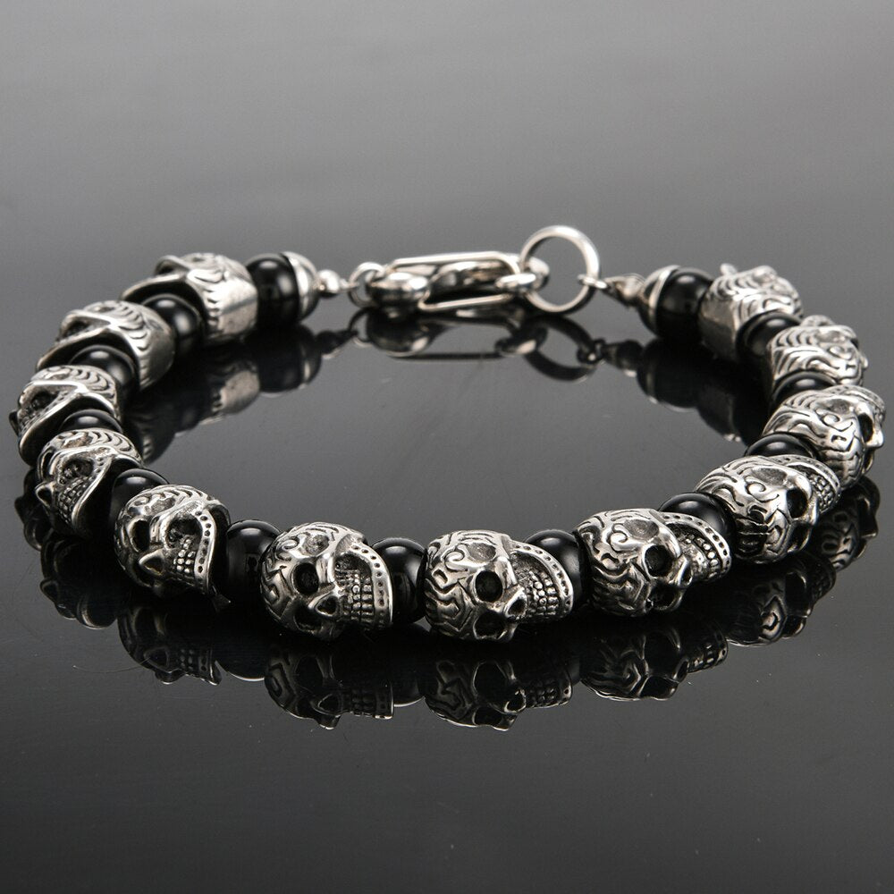 Vintage Stainless Steel Skull Beads Bracelet Men