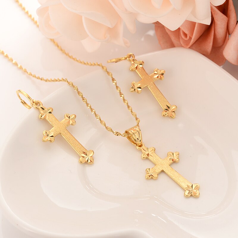 24k gold  cross Pendant Necklace chain Earrings sets