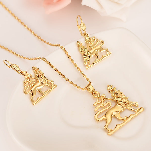 24k New Ethiopian Lion of Judah Pendant  Earrings Gold Color Africa Eritrea Ethnic Lions party Jewelry Set