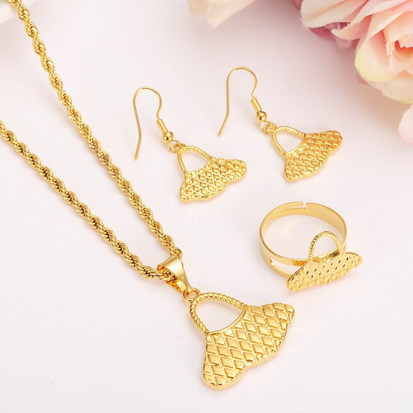 gold  PNGrope Necklace pendant Earrings ring Set Women Party Gift