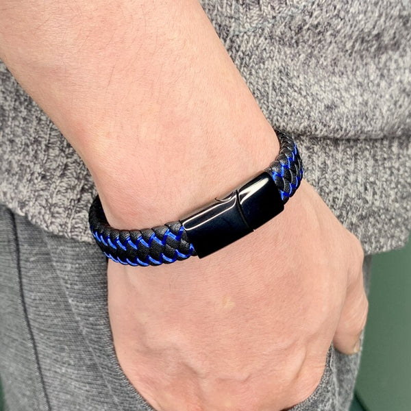 Fashion Men Jewelry Punk Black Blue Braided Leather Bracelet