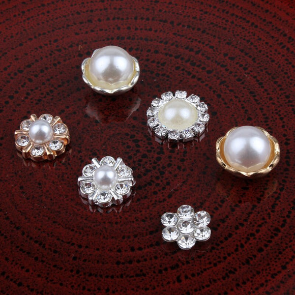 120pcs/lot Vintage Handmade Mini Round Metal Rhinestone Button Alloy Crystal Flatback Flower Pearl Buttons